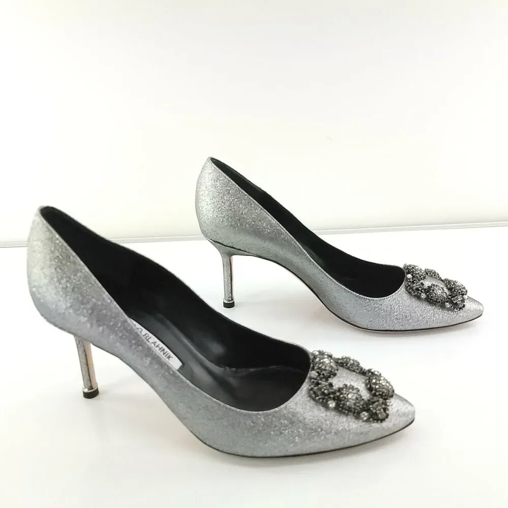 Manolo Blahnik Metallic Silver Hangisi 80 mm Notturno SZ 38 Pointy Glitter $1085